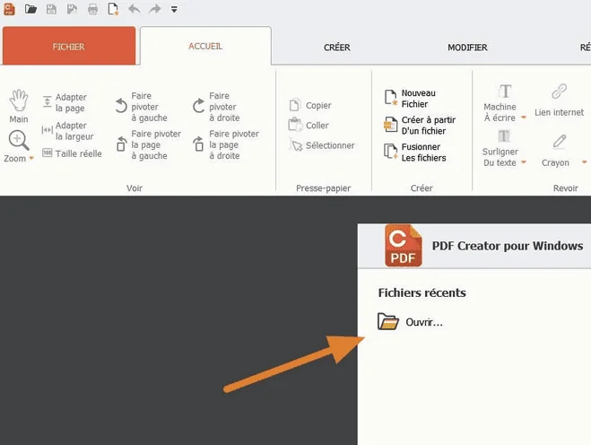 PDF Creator for Windows in French, with an arrow pointing to the Open link under recent files
