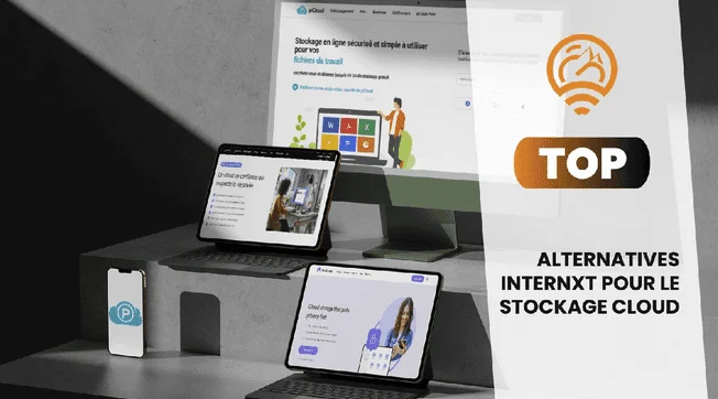 Visuel « Top alternatives Internxt pour le stockage cloud » avec des sites de stockage sur écran, tablettes et téléphone