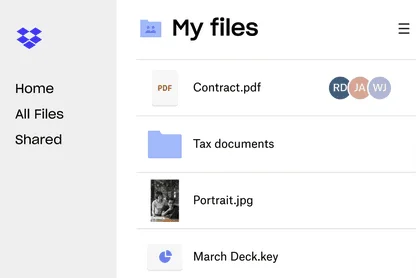 Liste My files de Dropbox avec un contrat partagé, un dossier Tax documents, une photo et une présentation
