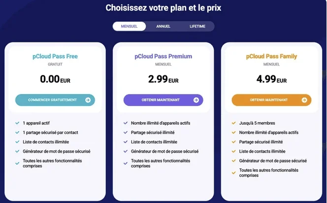 Tarifs mensuels pCloud Pass : Free à 0,00 EUR, Premium à 2,99 EUR et Family à 4,99 EUR