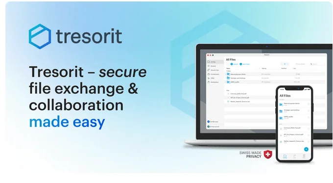 Tresorit banner reading "secure file exchange & collaboration made easy", with the app on a laptop and a phone