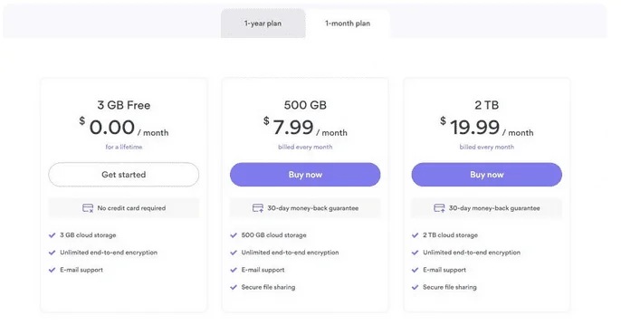 Offres mensuelles NordLocker : 3 Go Free à 0,00 $, 500 Go à 7,99 $/mois et 2 To à 19,99 $/mois