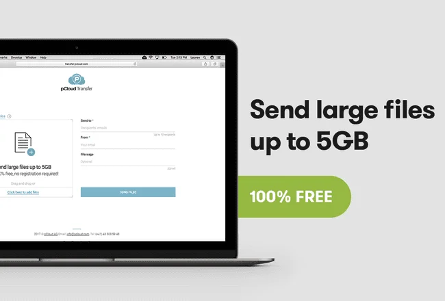 pCloud Transfer on a laptop: “Send large files up to 5GB”, “100% FREE”