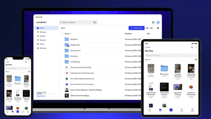 Internxt Drive on a laptop, tablet and phone, showing folders and files