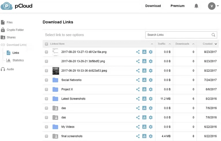 pCloud Download Links page listing shared files and folders with their traffic and download counts