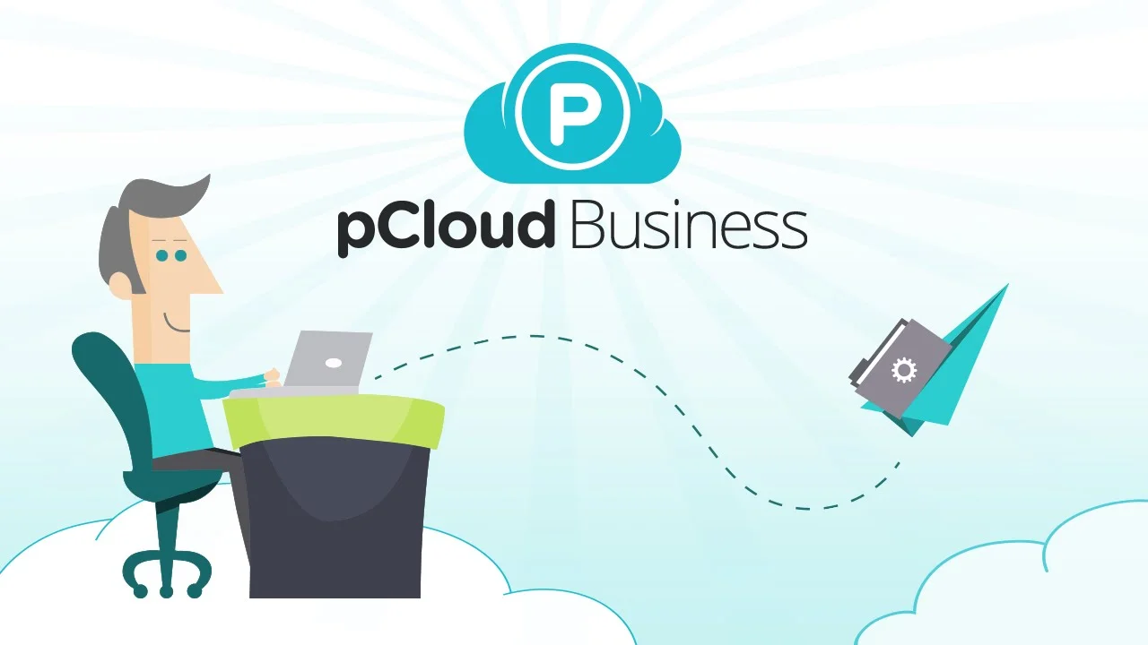 Illustration pCloud Business : une personne sur un ordinateur portable envoie un dossier sur un avion en papier