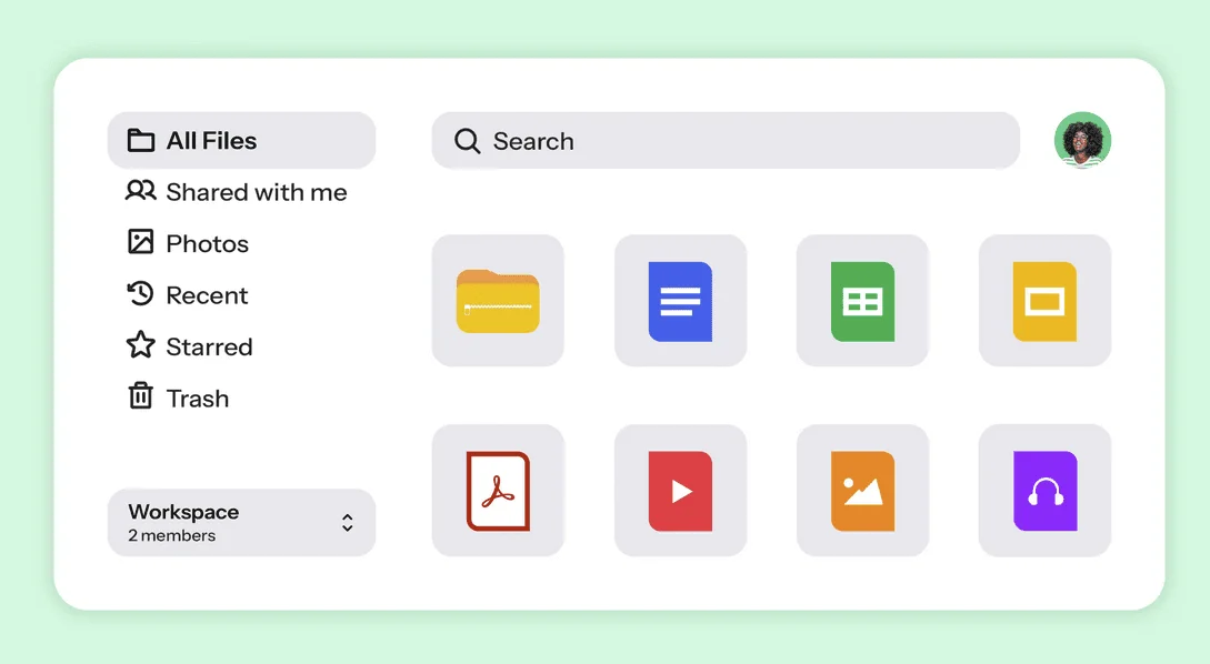 Drime file manager with All Files, Shared with me, Photos, Recent, Starred and Trash, and file type icons