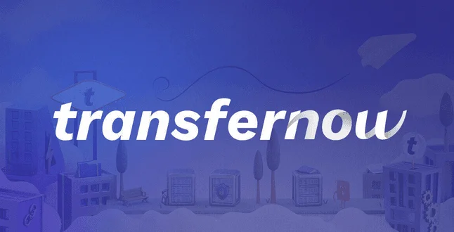 TransferNow logo on an illustrated city background