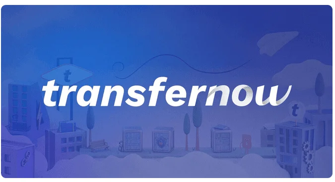 TransferNow logo over an illustrated city