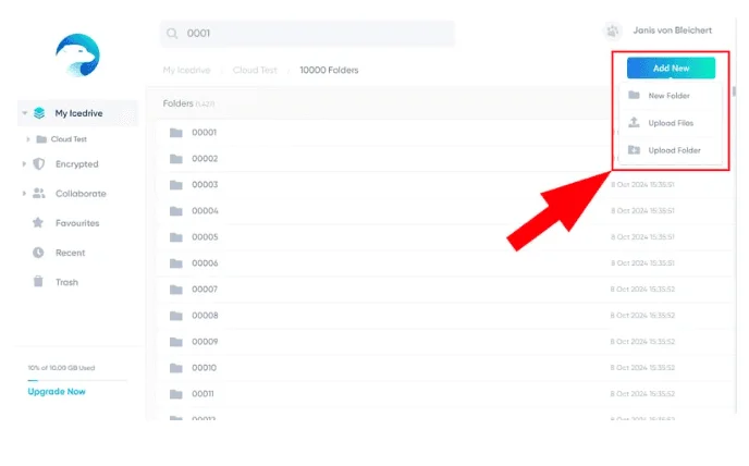 Application web Icedrive avec une flèche vers le menu Add New : New Folder, Upload Files, Upload Folder
