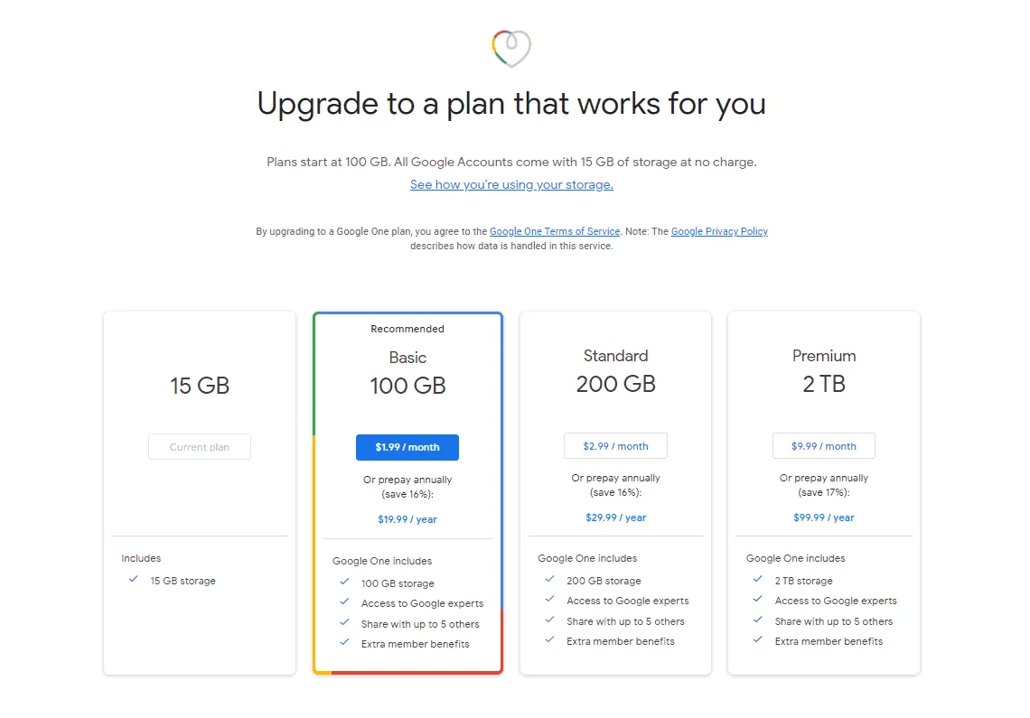 Google One plans: 15 GB at no charge, then 100 GB at $1.99, 200 GB at $2.99 and 2 TB at $9.99 a month