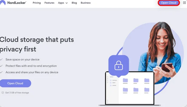 NordLocker home page "Cloud storage that puts privacy first", with an Open Cloud button and 3 GB of free storage