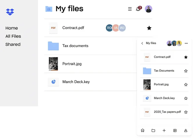 Vue My files de Dropbox sur ordinateur et mobile avec un contrat partagé, un dossier, une photo et une présentation
