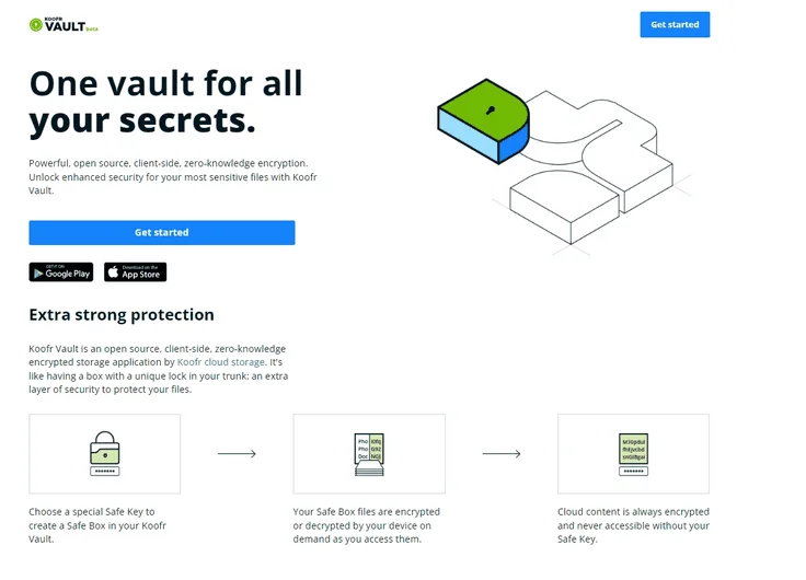 Page Koofr Vault : « One vault for all your secrets », qui explique les étapes Safe Key et Safe Box
