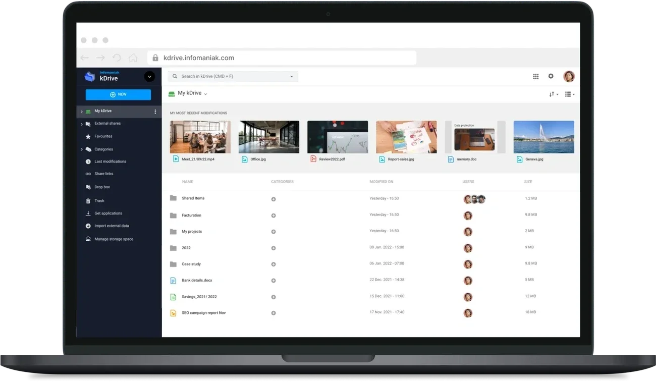 Application web kDrive d'Infomaniak sur un ordinateur portable, avec les fichiers récents et des dossiers