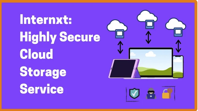 Banner "Internxt: Highly Secure Cloud Storage Service" with a laptop, tablet and phone syncing to the cloud