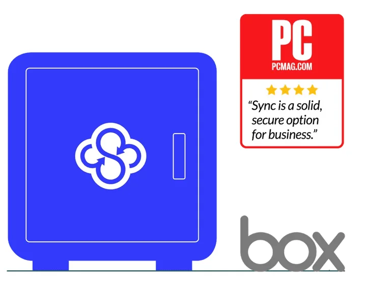 Coffre-fort au logo Sync.com et citation PCMag quatre étoiles : « Sync is a solid, secure option for business. »