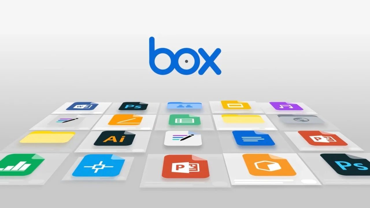 Box logo above a grid of file type icons such as Word, PowerPoint, Photoshop and Illustrator
