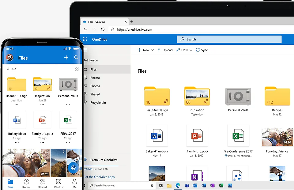 OneDrive sur un téléphone et un ordinateur portable, avec des fichiers, des dossiers et le Personal Vault