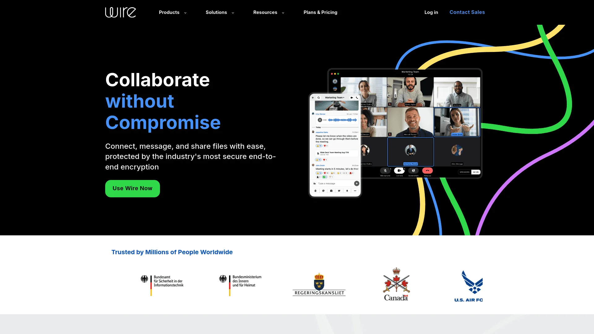 Wire homepage "Collaborate without Compromise" with a group video call and chat, above logos of government users