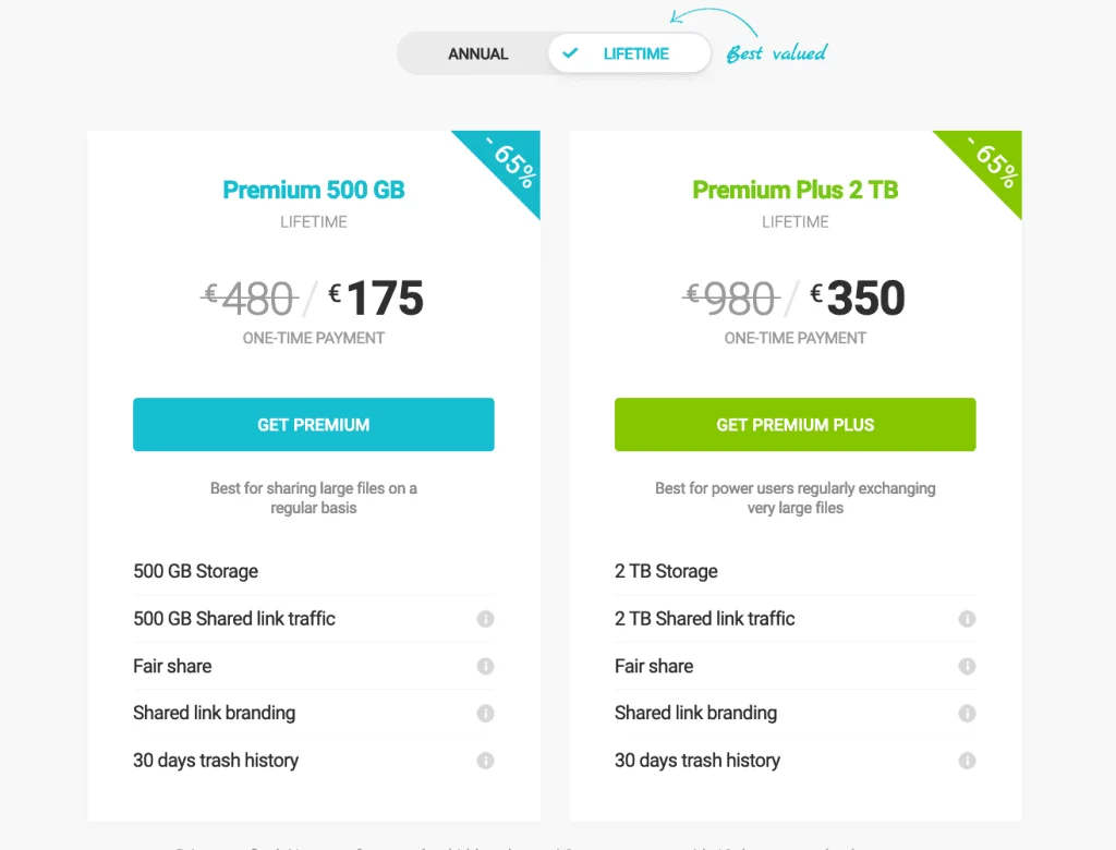 pCloud lifetime plans at 65% off: Premium 500 GB for €175 and Premium Plus 2 TB for €350, one-time payment