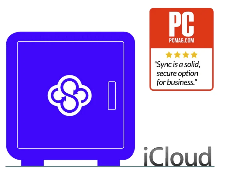 Coffre-fort au logo Sync.com avec un badge PCMag quatre étoiles : « Sync is a solid, secure option for business. »