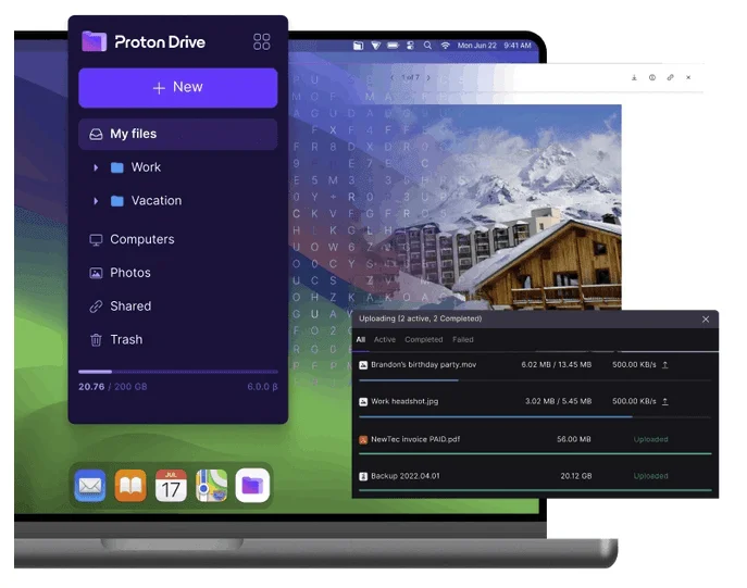Proton Drive on a Mac with its file sidebar, a photo preview and an upload progress panel