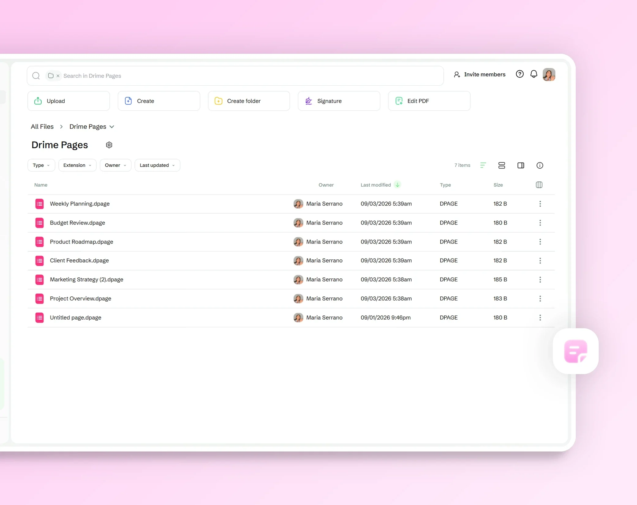 Ordner Drime Pages im Drive mit mehreren Seiten, die als Dateien abgelegt sind