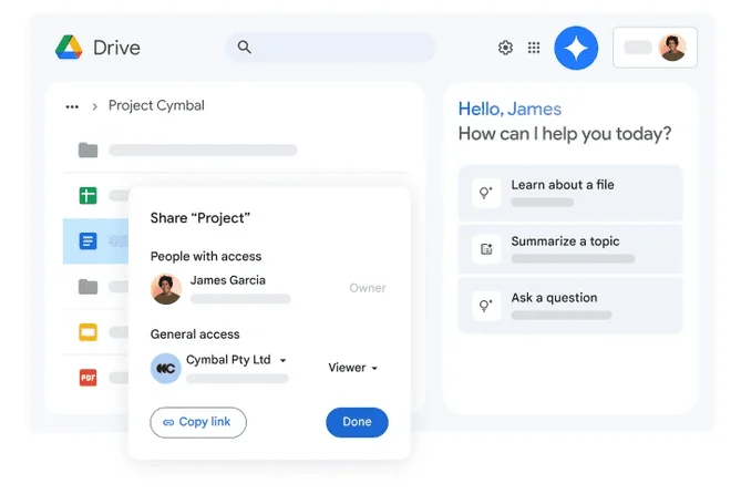 Google Drive with a Share “Project” dialog for access settings and a Gemini assistant panel