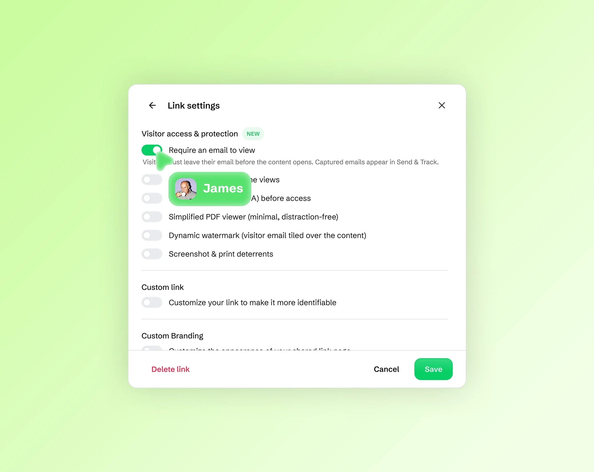Link-Einstellungen, die zum Ansehen eine E-Mail verlangen, mit Optionen für Wasserzeichen und Screenshot-Schutz
