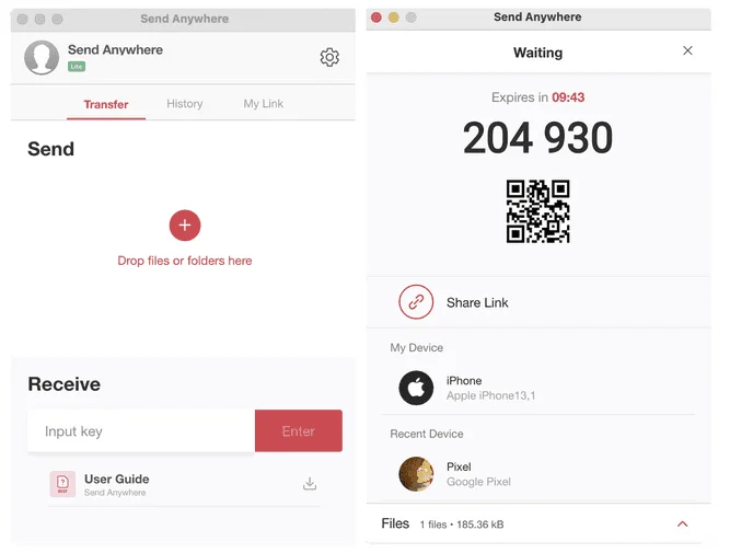 Send Anywhere app: a drop zone to send files, and a 6-digit key with a QR code to receive them