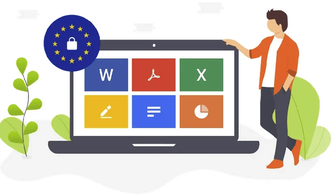 Person next to a laptop showing document app tiles, with a padlock on an EU flag
