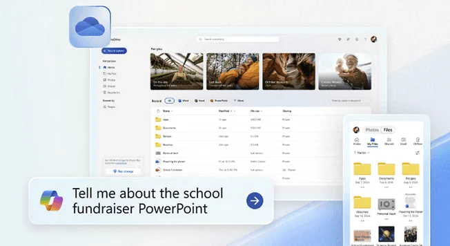 OneDrive on desktop and mobile with a Copilot prompt: "Tell me about the school fundraiser PowerPoint"
