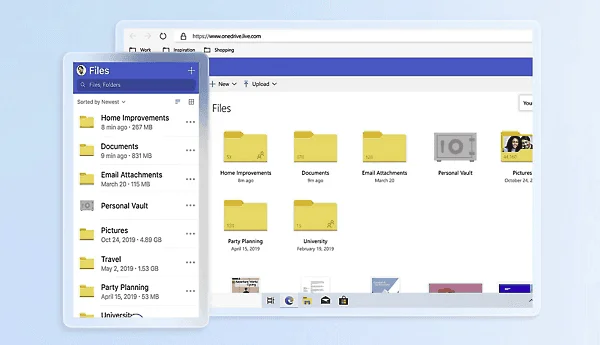 OneDrive Files view on the web and on mobile, with folders and a Personal Vault