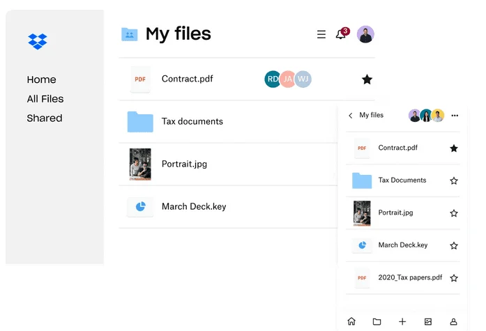Dossier My files de Dropbox sur ordinateur et mobile, avec un PDF, un dossier, une photo et une présentation