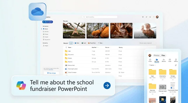 OneDrive sur un ordinateur et une tablette, avec une demande Copilot sur une présentation PowerPoint