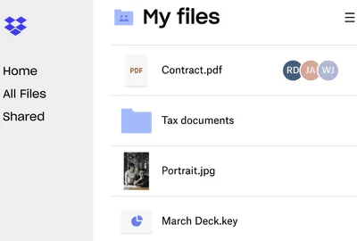 Dropbox "My files" view with a shared PDF, a folder, a photo and a presentation