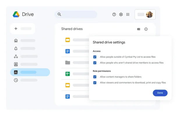 Google Drive shared drive settings with checkboxes for outside access and role permissions