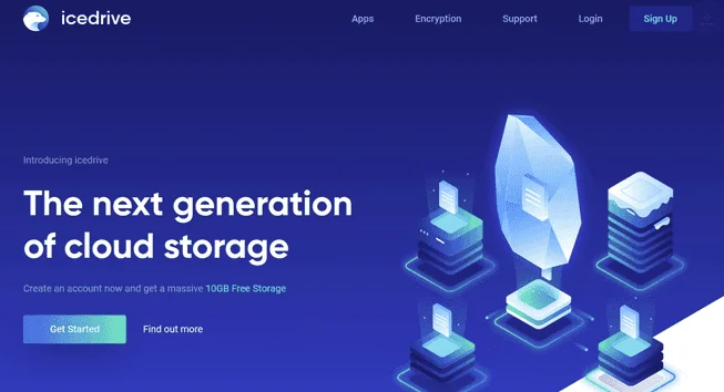 Page d'accueil d'Icedrive : « The next generation of cloud storage », avec une offre de 10GB de stockage gratuit
