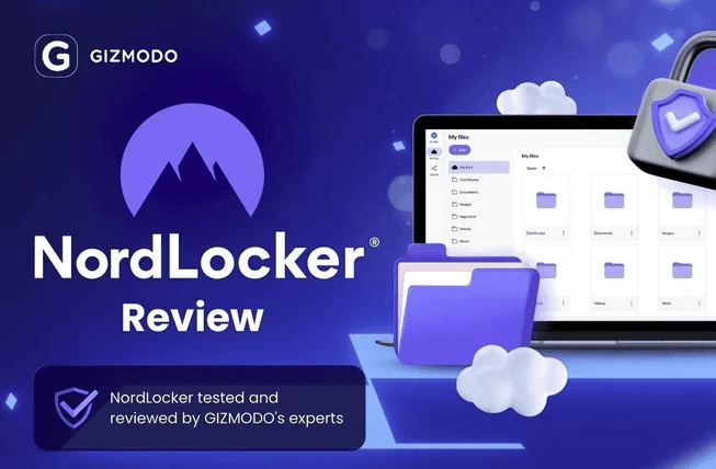 Bannière Gizmodo « NordLocker Review » avec le logo NordLocker et son gestionnaire de fichiers sur un portable
