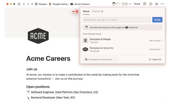 Notion "Acme Careers" page with the Share panel open showing who has access, and an arrow on the Share tab