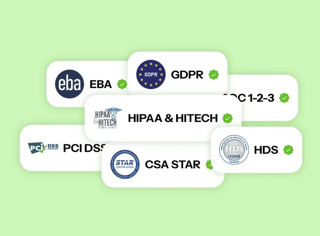 Badges de conformité cochés : EBA, GDPR, SOC 1-2-3, HIPAA & HITECH, PCI DSS, CSA STAR et HDS