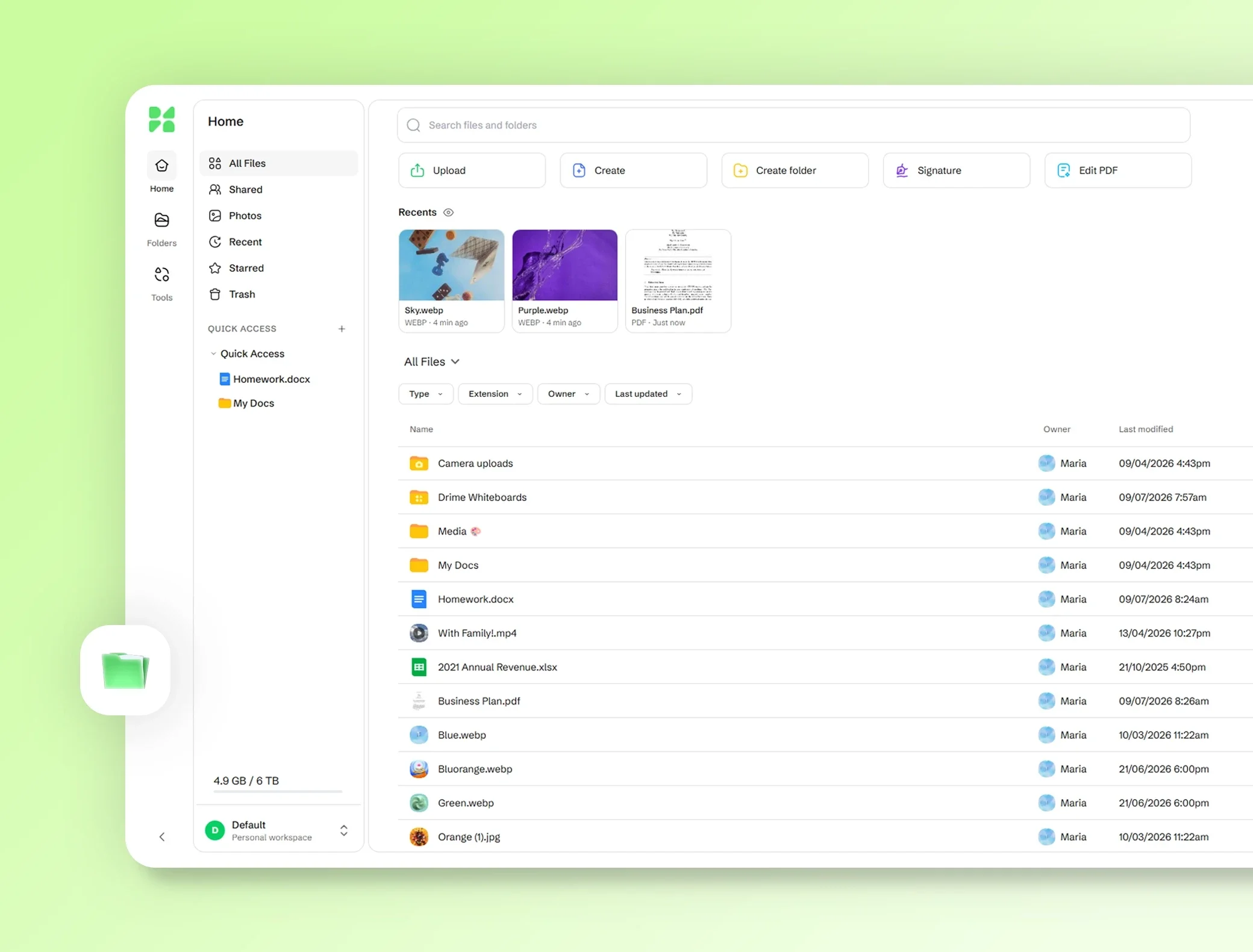 Startseite der Drime-Web-App: Schnellzugriffe, zuletzt verwendete Dateien und die Liste All Files mit Ordnern und Dokumenten