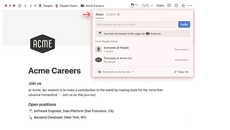 Page Notion « Acme Careers » avec le menu Share ouvert pour inviter des personnes et gérer l'accès