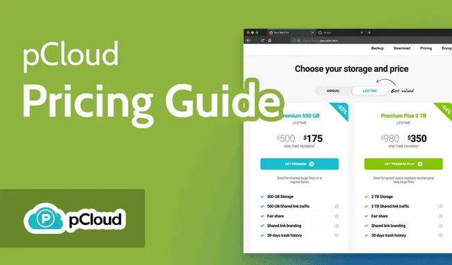 pCloud Pricing Guide banner with lifetime plans: Premium 500 GB at $175 and Premium Plus 2 TB at $350