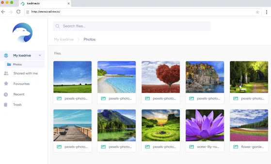 Application web Icedrive affichant un dossier Photos avec une grille de paysages