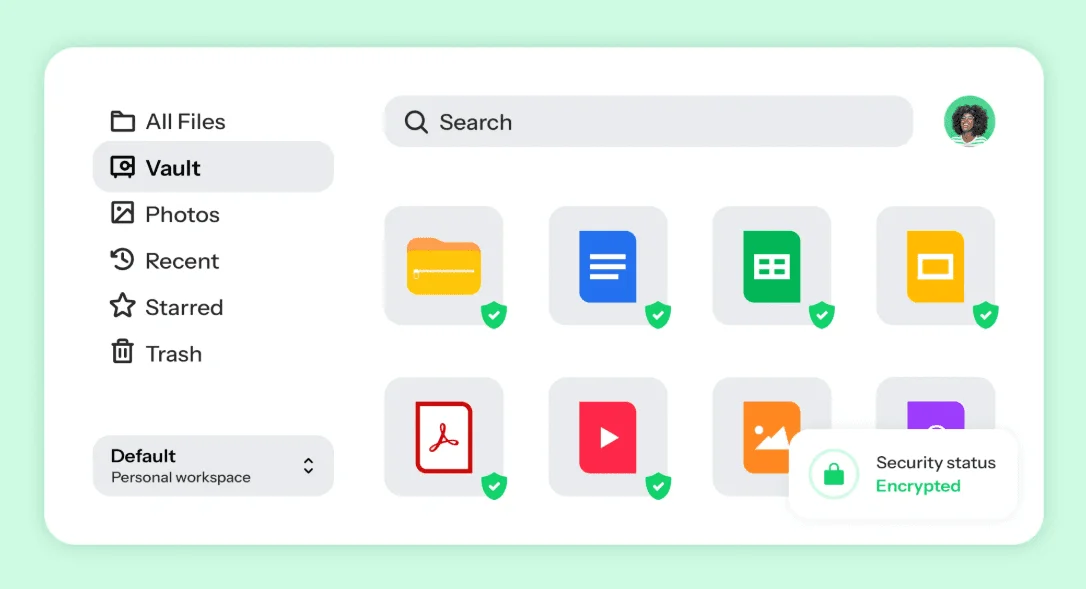 Drime Vault with file icons marked by green shields and a Security status: Encrypted badge