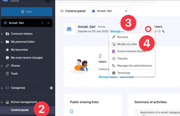 Panneau de contrôle kDrive avec des étapes numérotées pour ouvrir le menu Manage et choisir Modify my offer