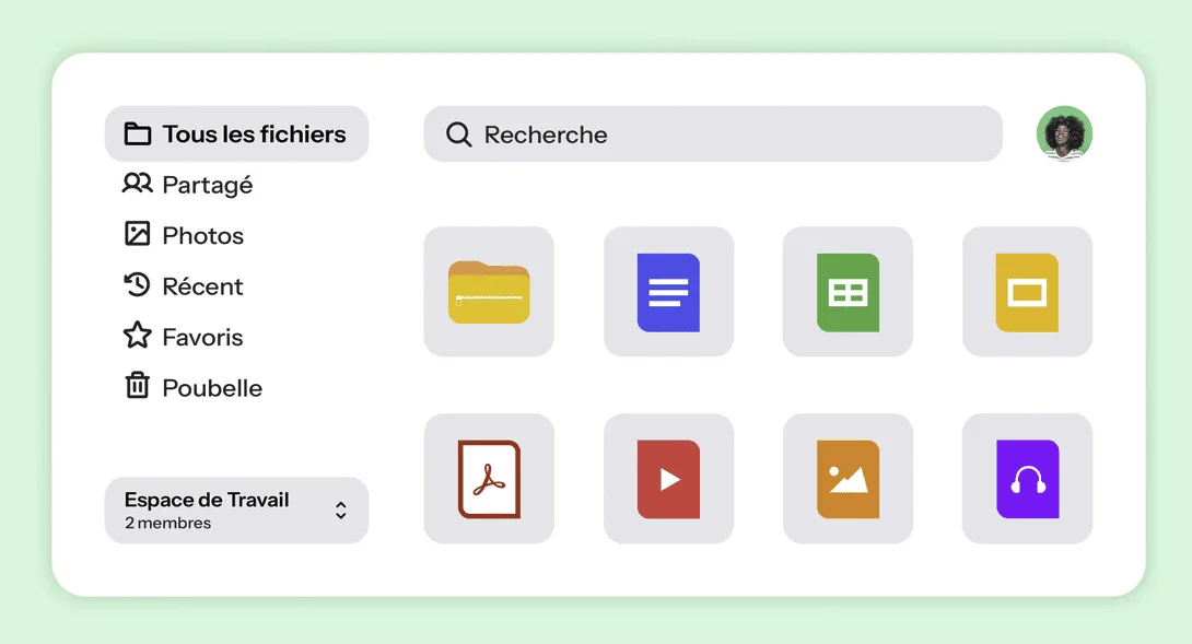 Gestionnaire de fichiers Drime : Tous les fichiers, Partagé, Photos, Récent, Favoris, Poubelle et icônes de fichiers