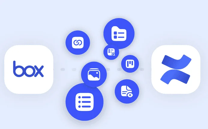 Box and Confluence logos linked by file, image and list icons, illustrating their integration